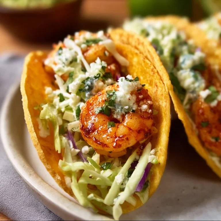 Cilantro lime shrimp tacos served with creamy slaw on a plate