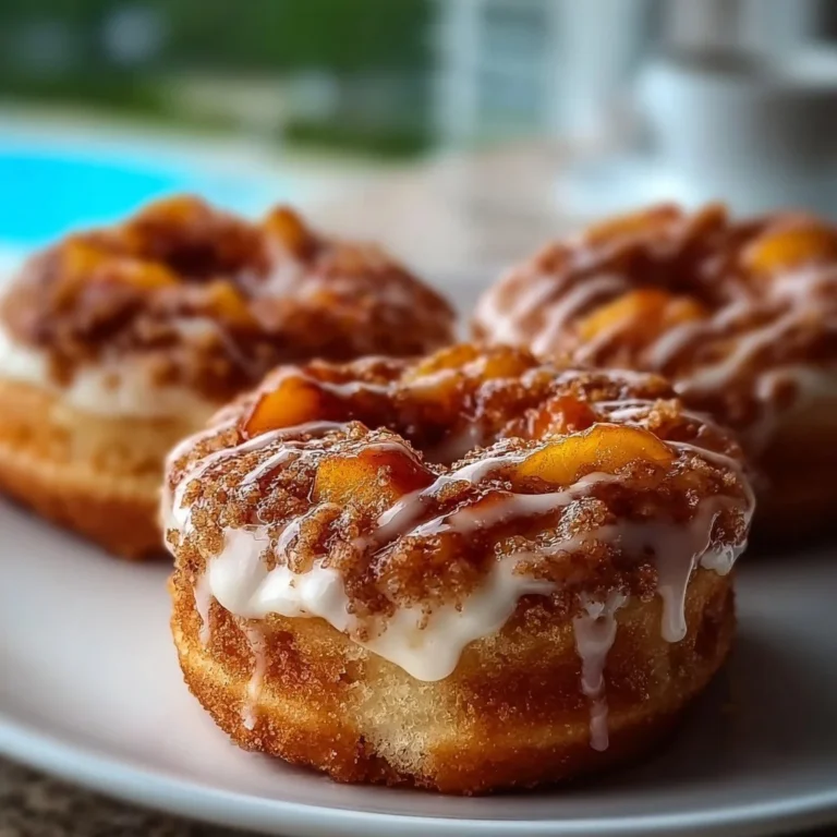 Delicious classic peach cobbler cheesecake donuts with peach topping