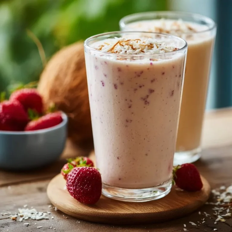 Coconut milk smoothie in a glass topped with fresh fruits and a straw