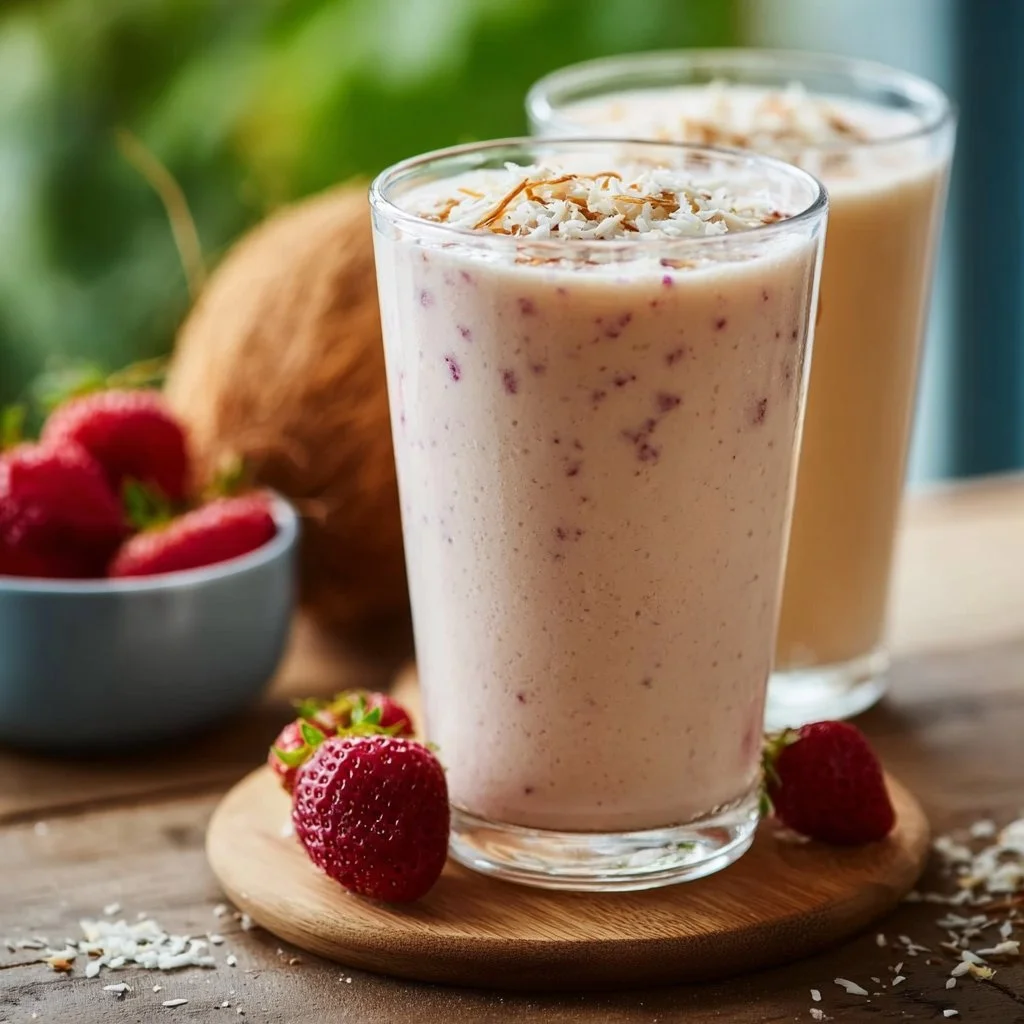 Coconut milk smoothie in a glass topped with fresh fruits and a straw
