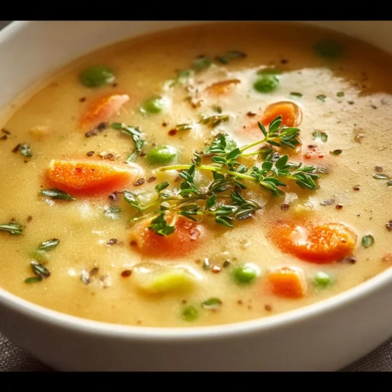 Bowl of comforting one-pot creamy vegetable soup garnished with herbs