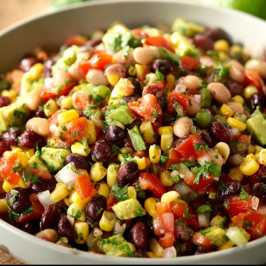 A colorful bowl of Cowboy Caviar featuring black beans, corn, tomatoes, and herbs.