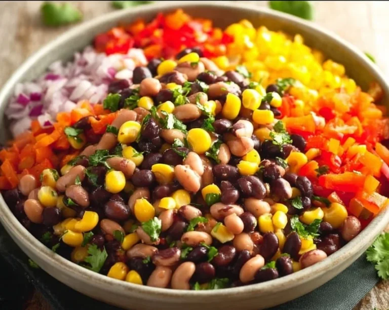 Bowl of colorful Cowboy Caviar with beans, vegetables, and spices.