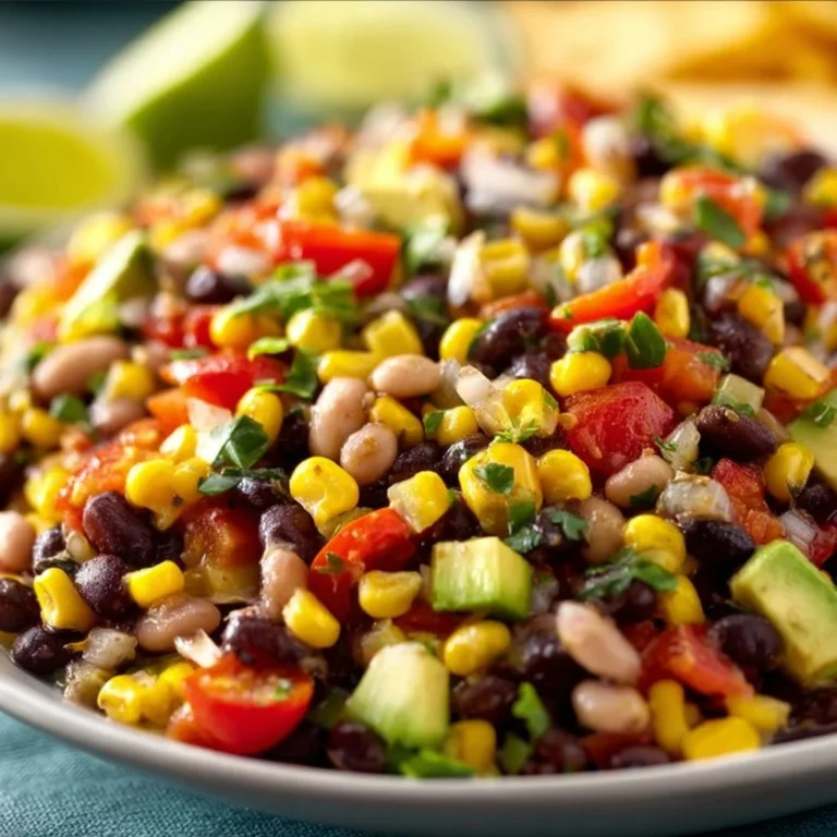 Bowl of colorful Cowboy Caviar salad with beans and vegetables.