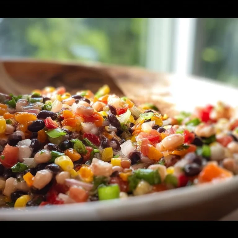 Bowl of colorful Cowboy Caviar salad with beans, peppers, and vegetables.