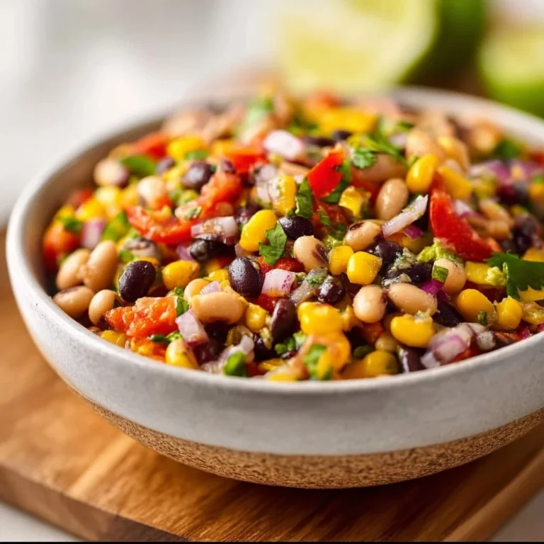 A vibrant bowl of Cowboy Caviar made with black beans, corn, and colorful vegetables.