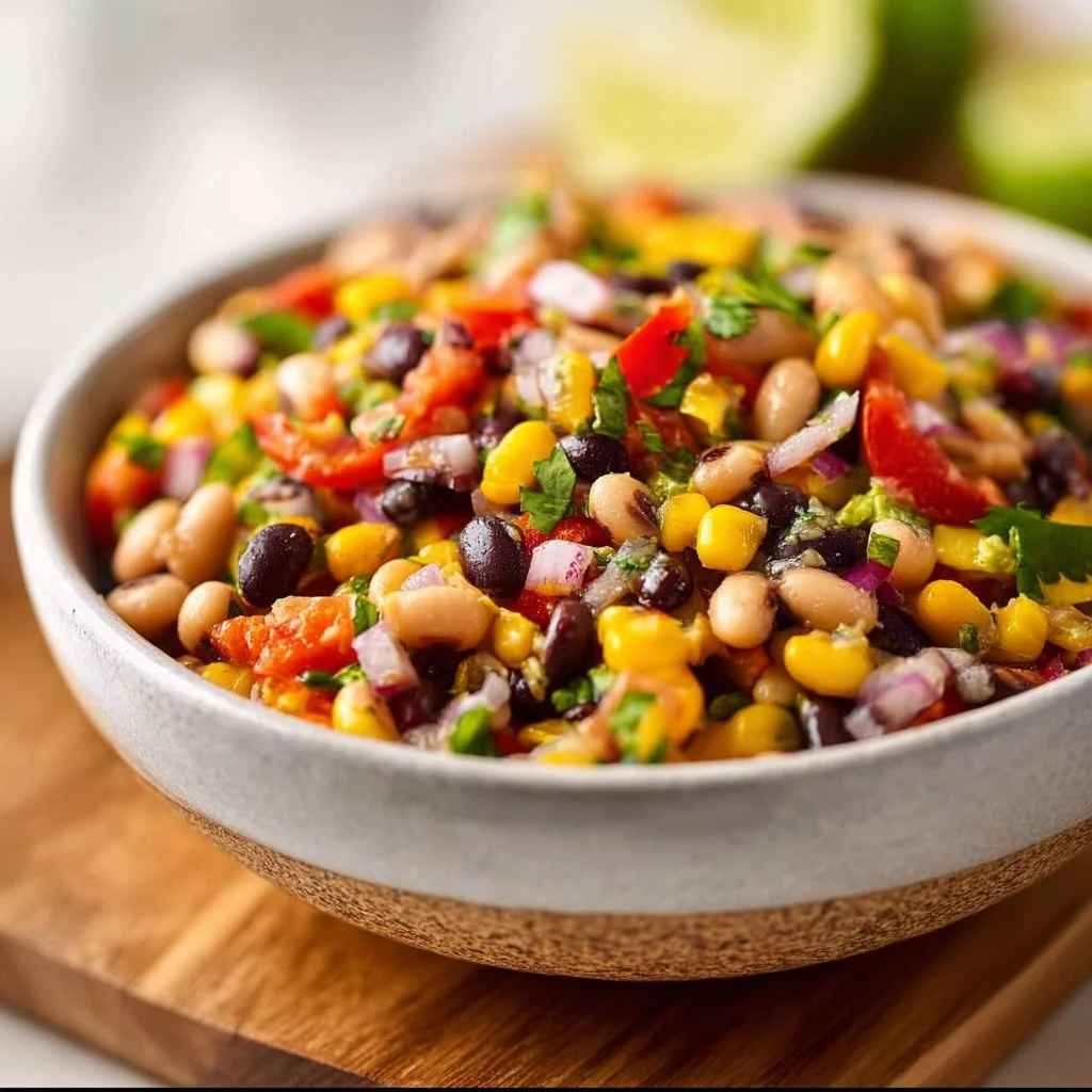 A vibrant bowl of Cowboy Caviar made with black beans, corn, and colorful vegetables.