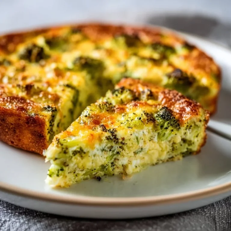 Creamy broccoli cheddar quiche served on a plate, showcasing its crustless texture.