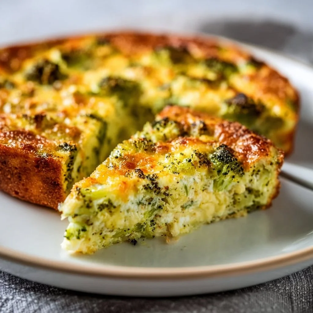 Creamy broccoli cheddar quiche served on a plate, showcasing its crustless texture.