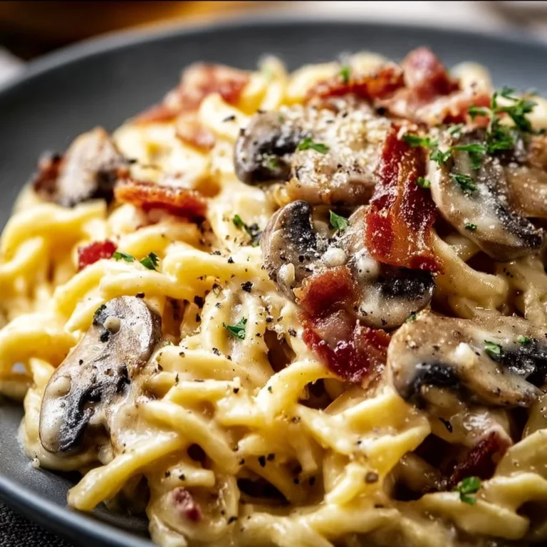 Creamy bacon mushroom pasta garnished with herbs, served in a bowl.