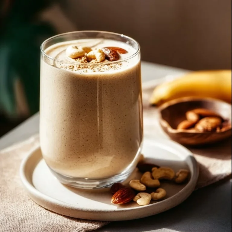 Delicious creamy cashew date shake served in a glass with a straw