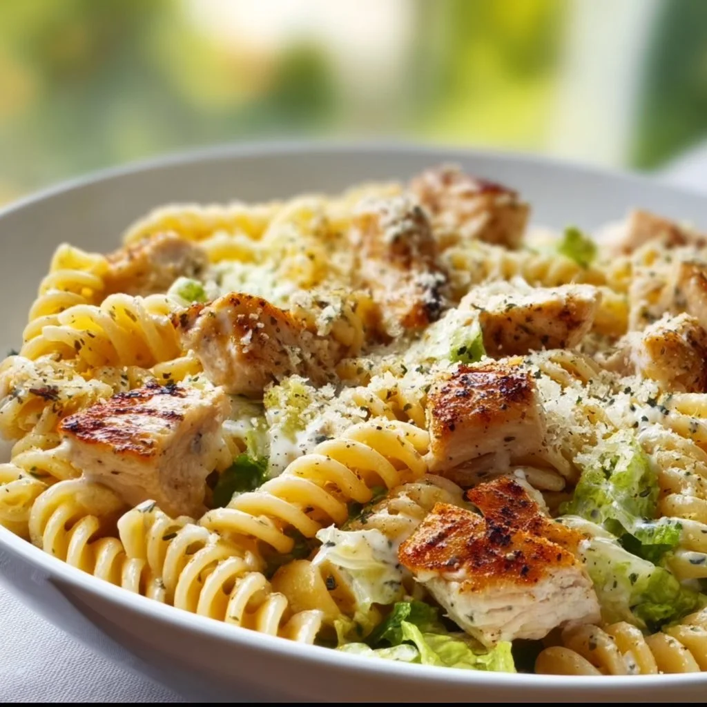 Creamy chicken pasta dish served in a bowl with herbs and parmesan cheese
