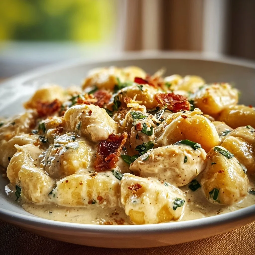 Creamy Crack Chicken Gnocchi dish with chicken, gnocchi, and herbs