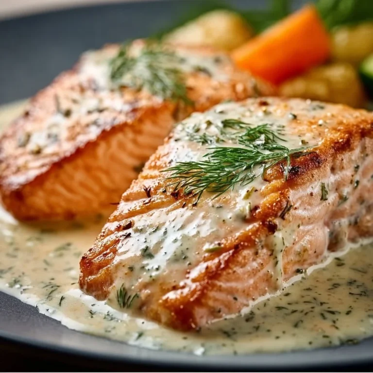 Creamy dill salmon with fresh herbs and a creamy sauce, served on a plate.