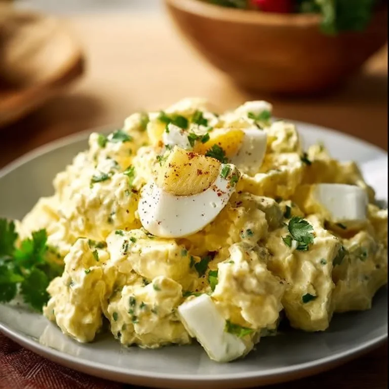 Delicious creamy egg salad in a bowl, perfect for sandwiches and side dishes.