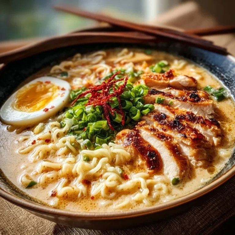 Bowl of creamy garlic chicken ramen with fresh herbs and vegetables