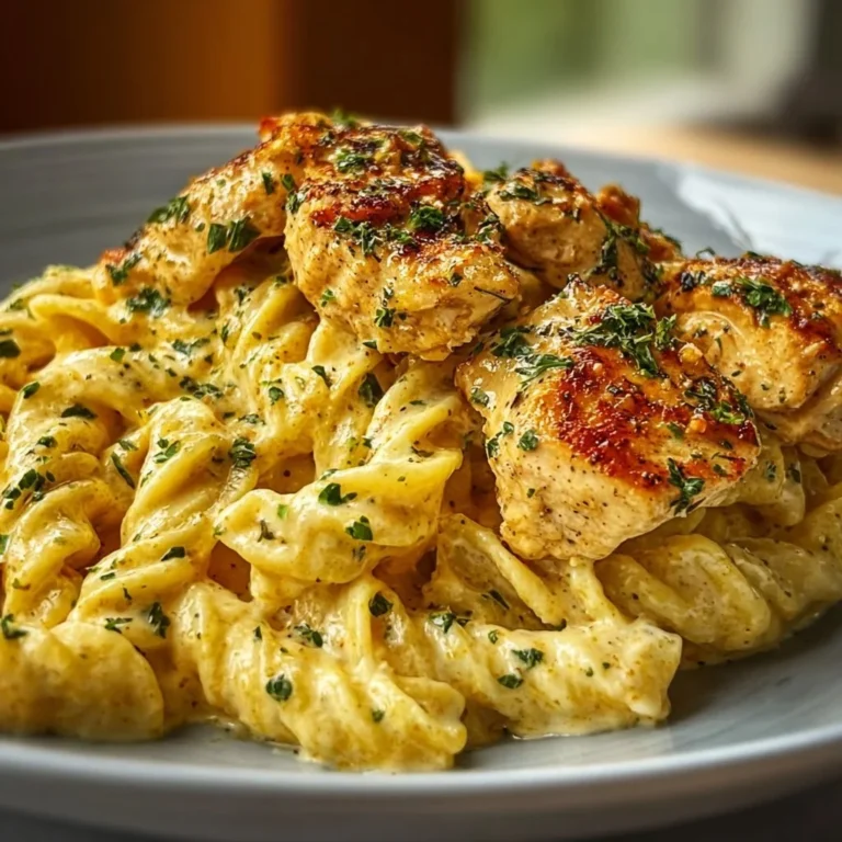 Creamy garlic parmesan chicken pasta in a bowl with herbs and cheese garnish.