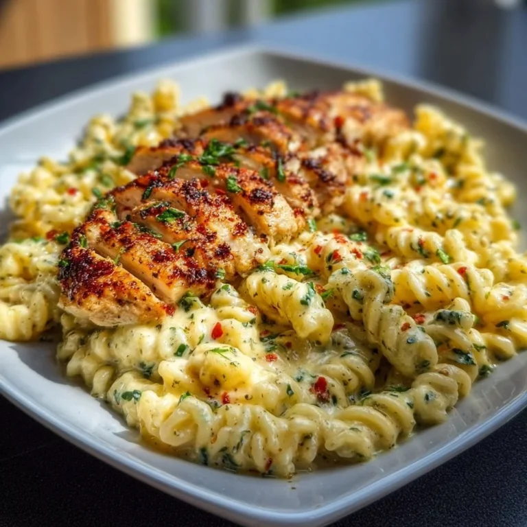 Creamy garlic parmesan chicken pasta with fresh herbs in a bowl