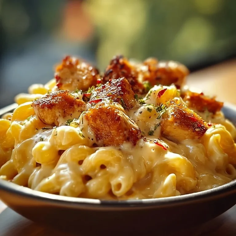Creamy honey pepper chicken mac and cheese served in a bowl