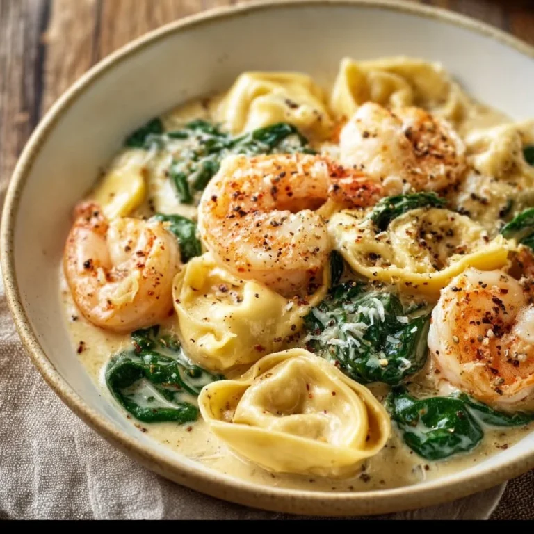 Creamy shrimp and spinach tortellini dish served on a plate