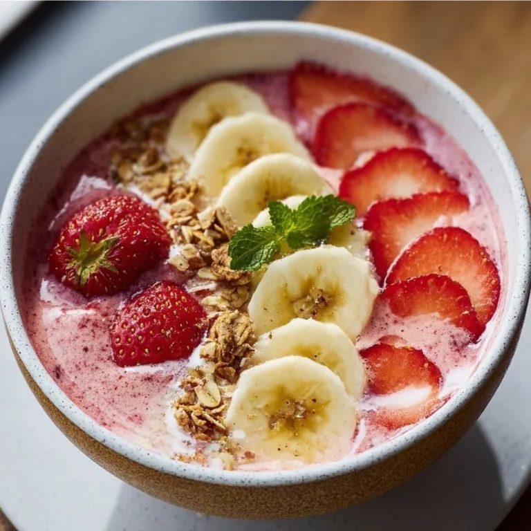 A bowl of creamy strawberry banana bliss topped with fresh fruits.