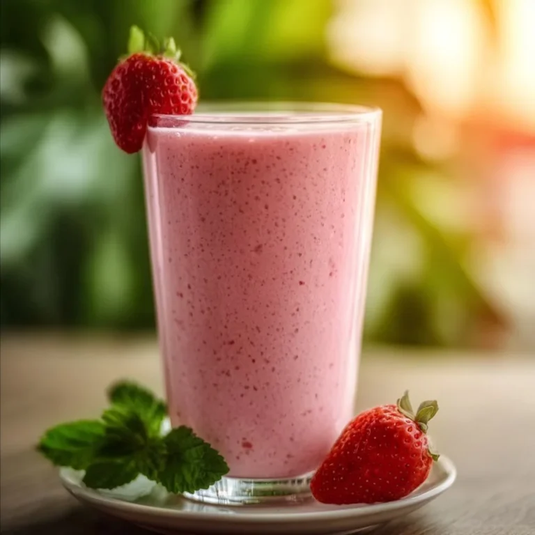 Creamy strawberry smoothie in a glass with fresh strawberries on top