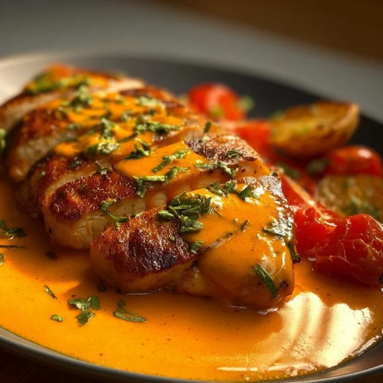 Creamy tomato chicken breast dish with herbs and garnishes