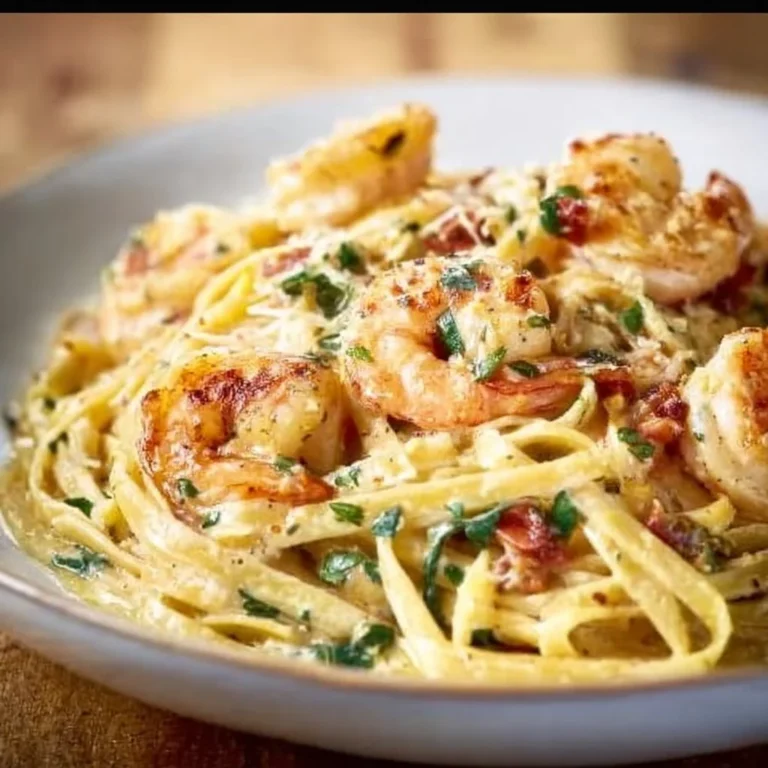 Creamy Tuscan shrimp linguine served with fresh herbs and parmesan cheese.