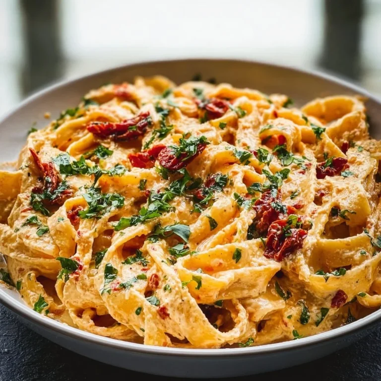 Creamy vegan sun-dried tomato pasta topped with fresh herbs and vegetables