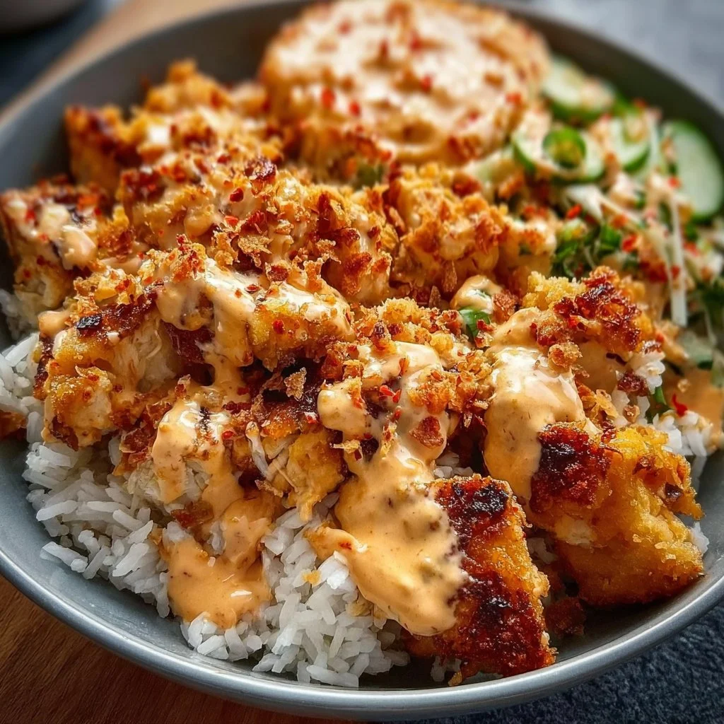 Crispy Chicken with Creamy Spicy Sauce Over Jasmine Rice