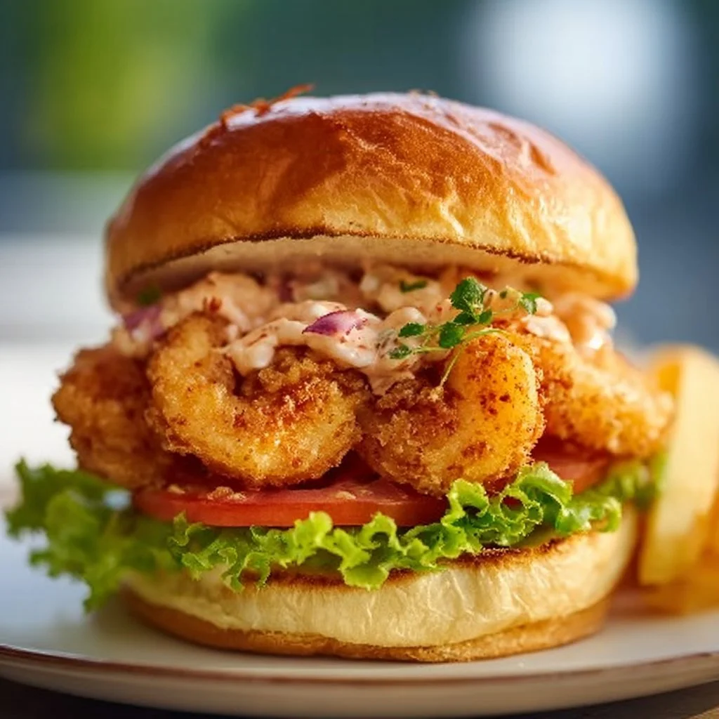 Crispy Fried Shrimp Burger served with fresh ingredients