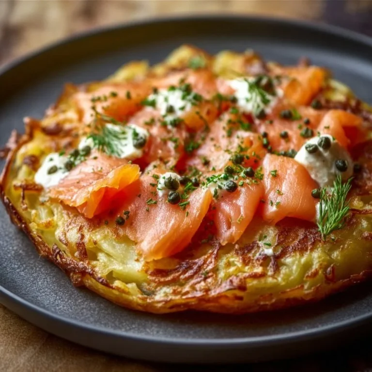 Crispy potato galette topped with smoked salmon and fresh herbs.