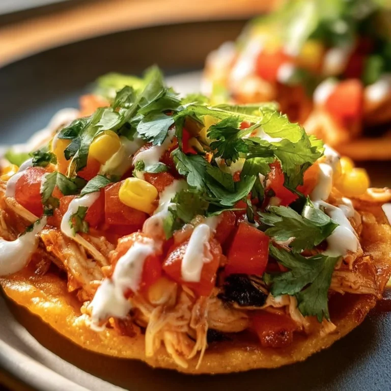Crispy rotisserie chicken tostadas with fresh toppings served on a plate.