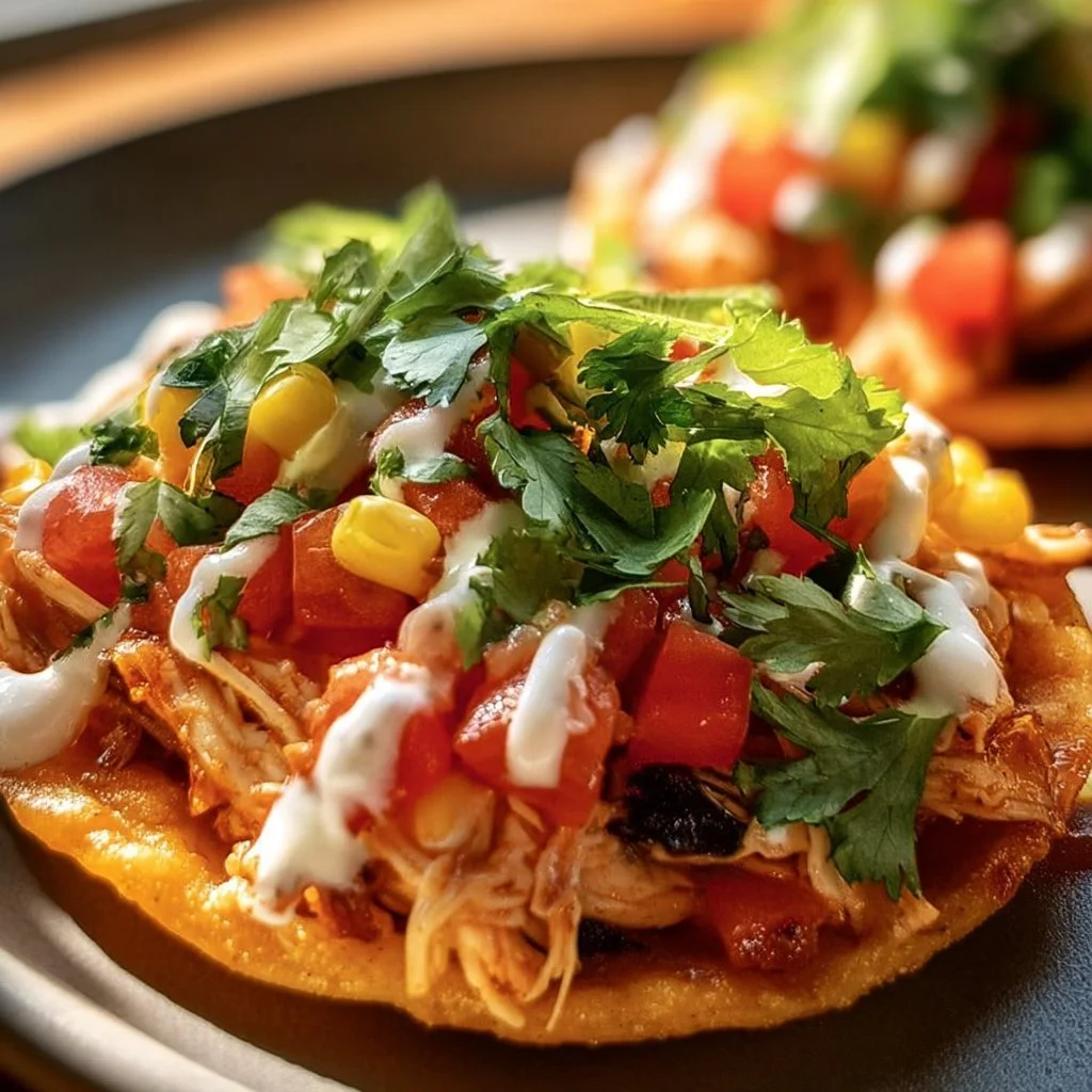 Crispy rotisserie chicken tostadas with fresh toppings served on a plate.