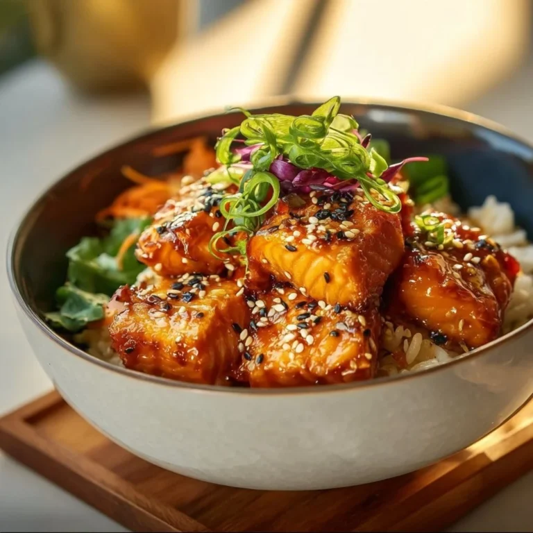 Crispy salmon rice bowl topped with fresh ingredients and garnishes.