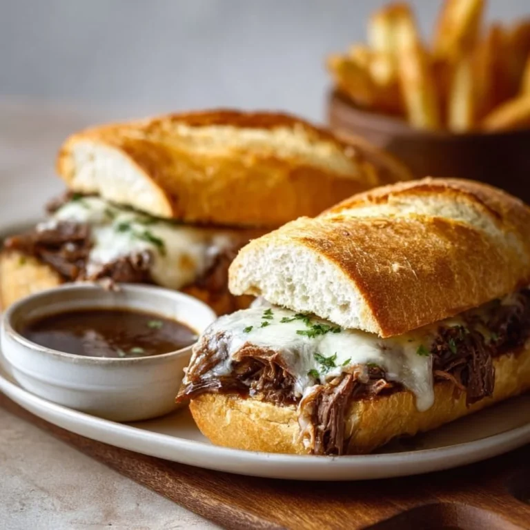 Delicious Crockpot French Dip Sandwiches ready to serve with au jus.
