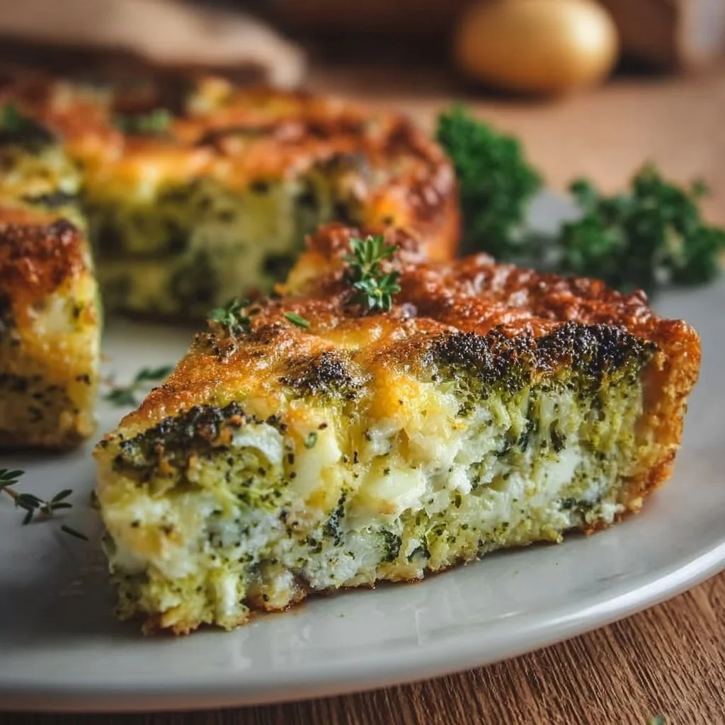 Delicious crustless broccoli and onion pie served on a plate