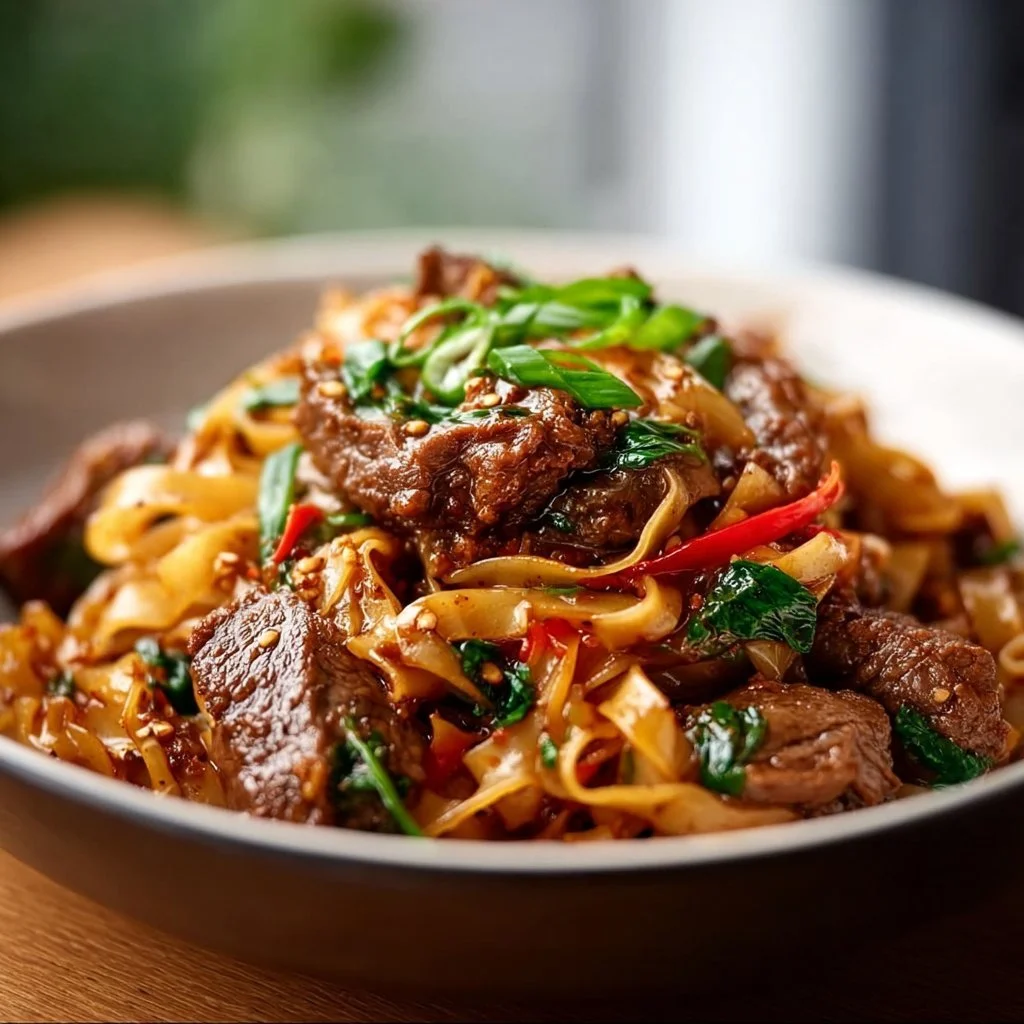 Delicious plate of cumin lamb noodles garnished with herbs and spices