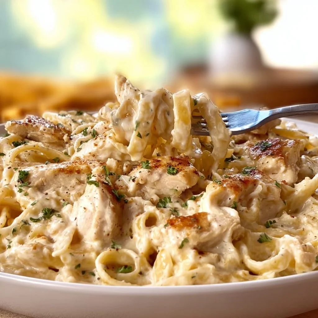 Dairy Free Chicken Alfredo served in a bowl with garnishes