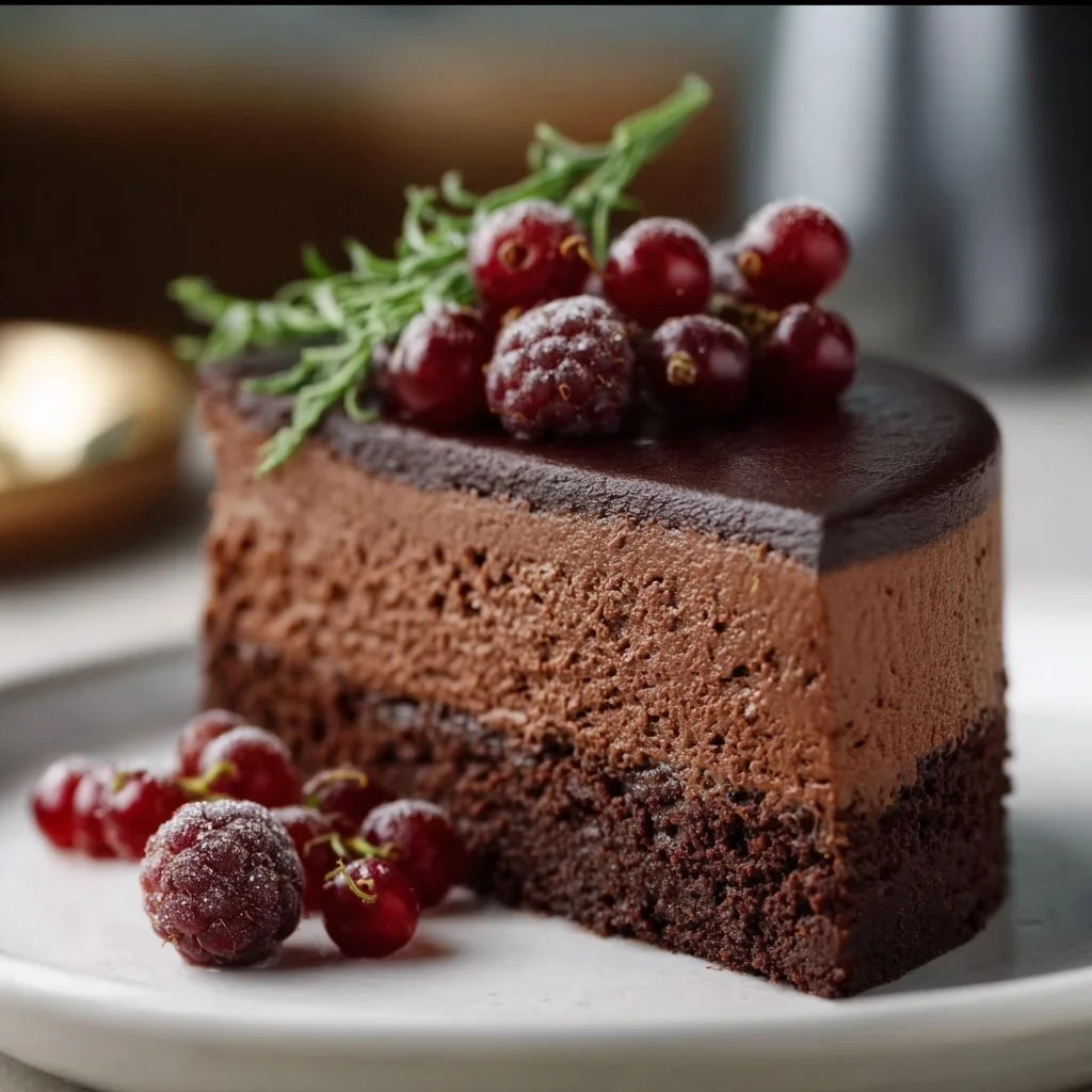 Rich dark chocolate mousse cake topped with chocolate shavings.