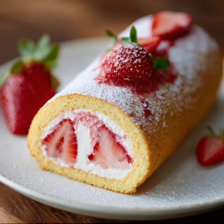 Divine strawberry cake roll with fresh strawberries and cream filling