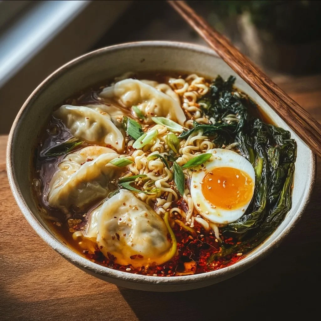 Delicious Dumpling Ramen Bowl filled with savory broth and tender dumplings.