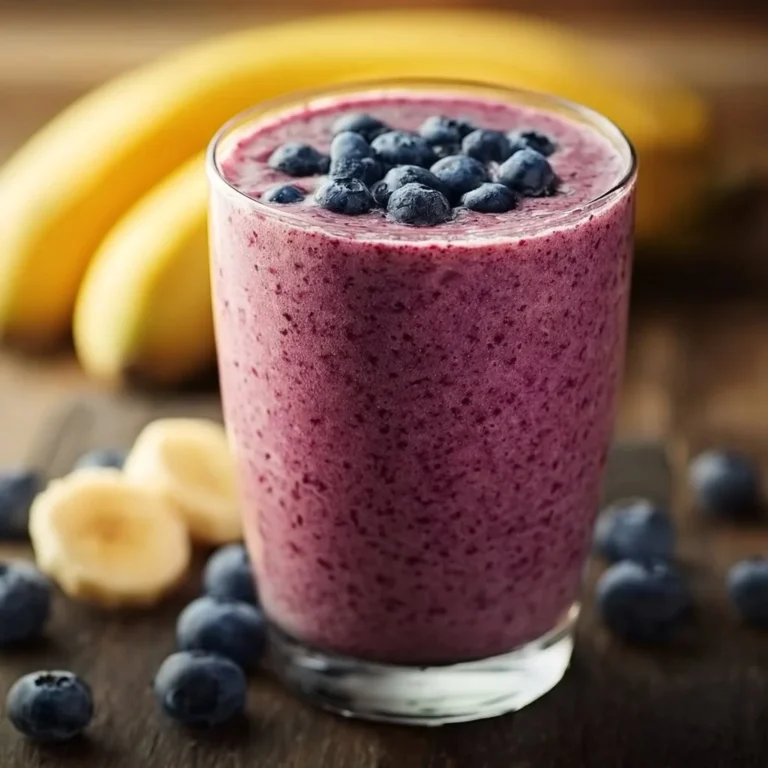 Easy blueberry banana smoothie in a glass garnished with blueberries and bananas
