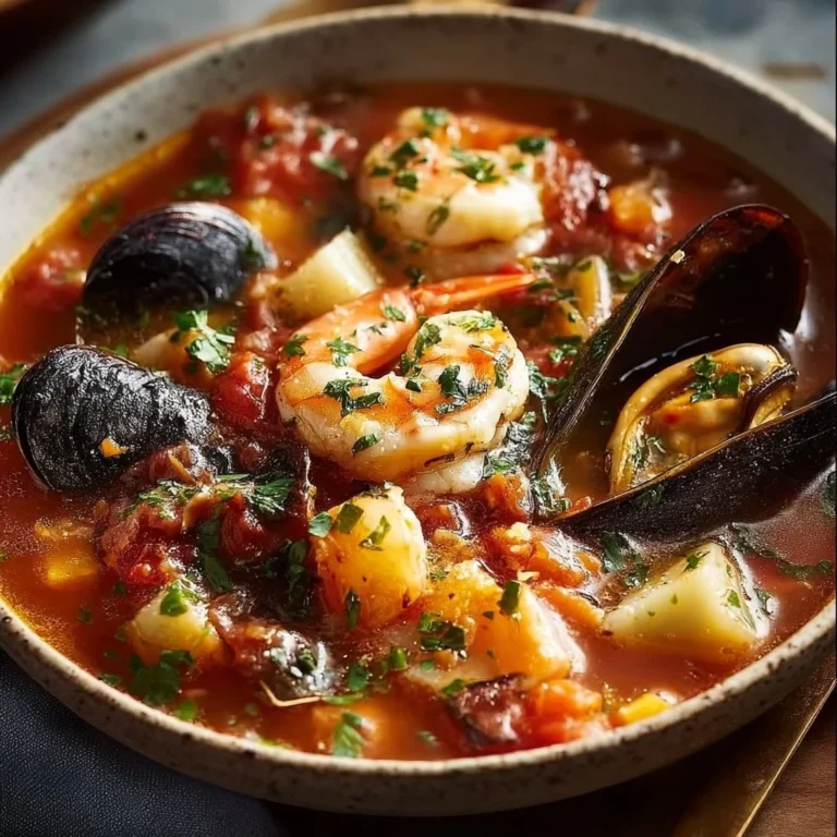 A bowl of easy Cioppino seafood stew with fresh seafood and herbs.