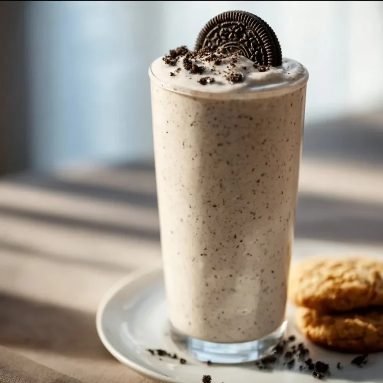 Delicious cookies and cream protein shake in a glass with cookies on the side