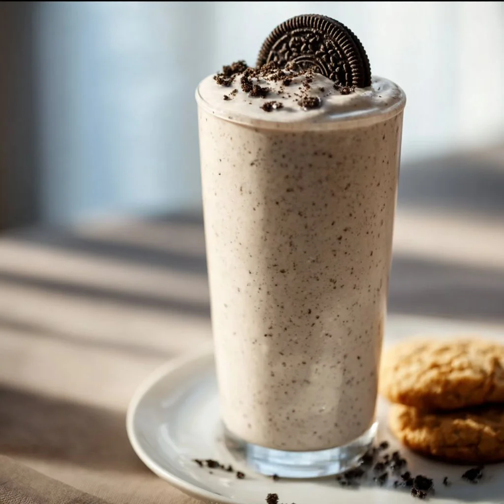 Delicious cookies and cream protein shake in a glass with cookies on the side