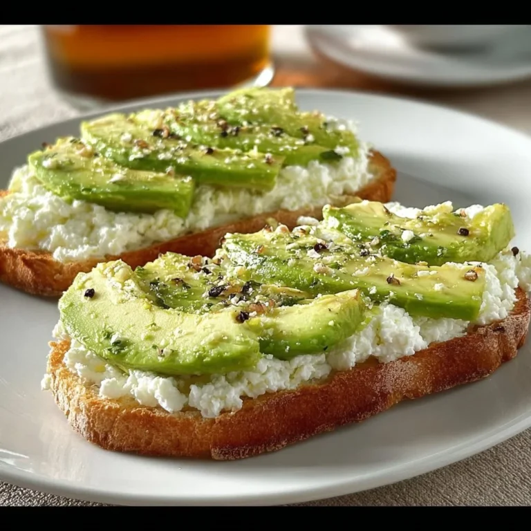 Easy cottage cheese avocado toast topped with ripe avocado slices and herbs