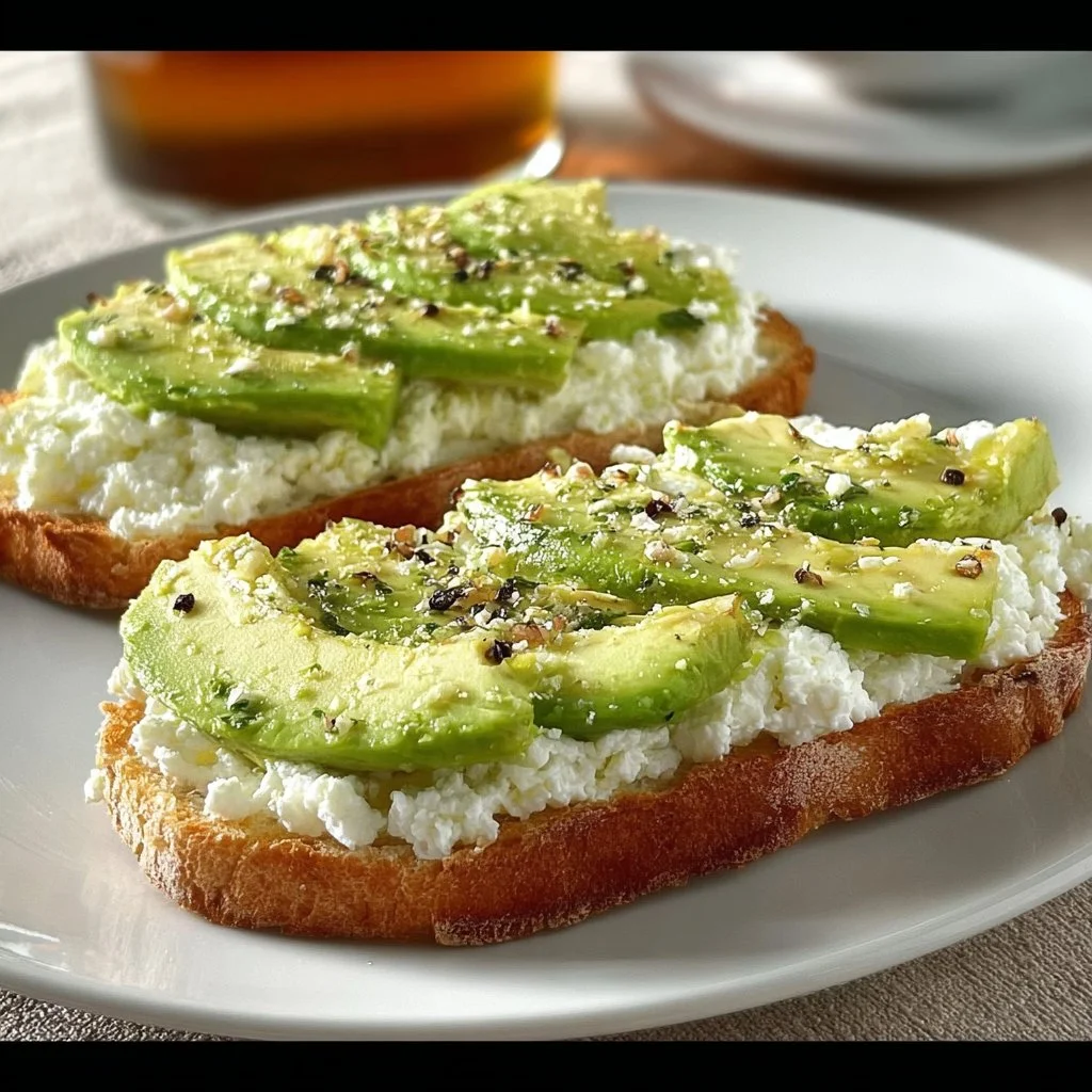 Easy cottage cheese avocado toast topped with ripe avocado slices and herbs