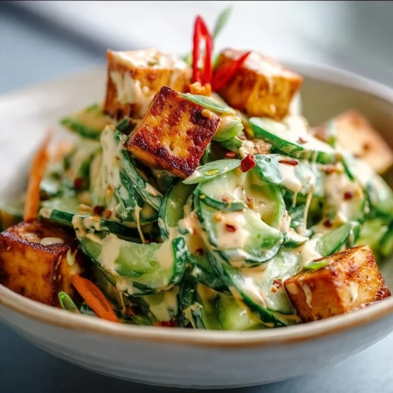 Creamy Asian cucumber salad with crispy tofu on a white plate