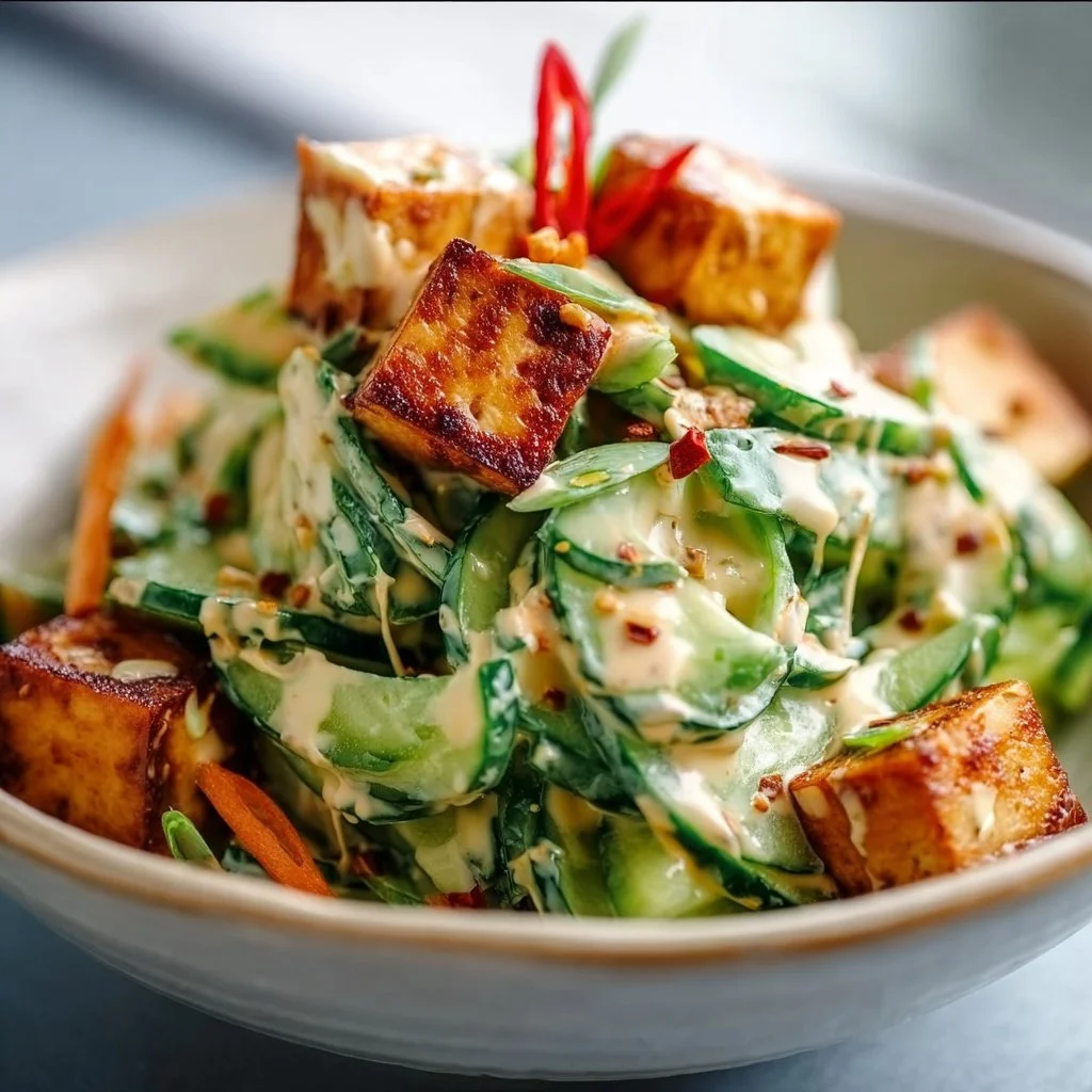 Creamy Asian cucumber salad with crispy tofu on a white plate